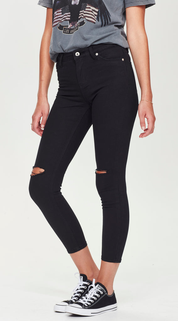 mid waisted stretch denim ripped black jeans