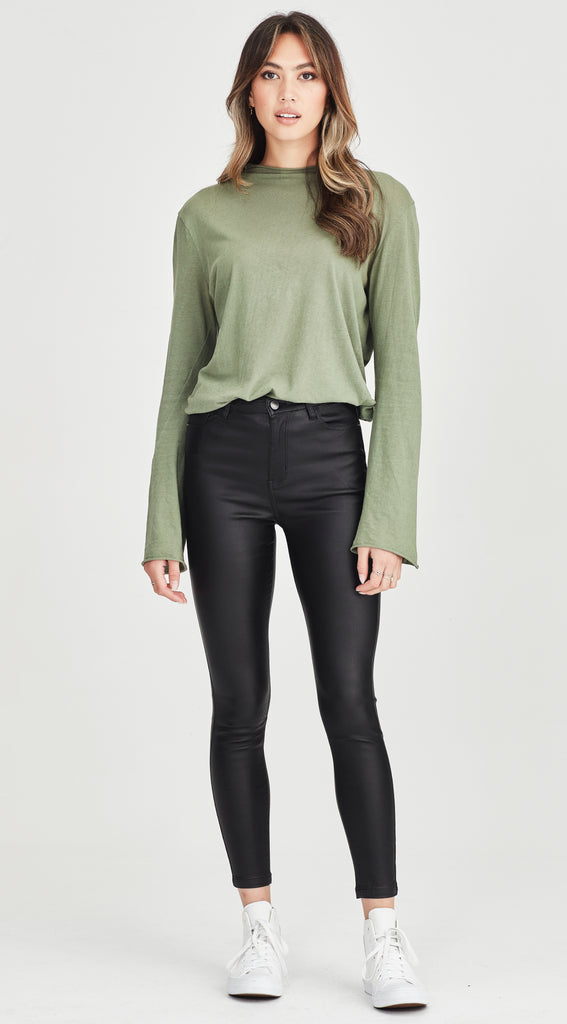 medium length stretch fabric black shiny gloss jean