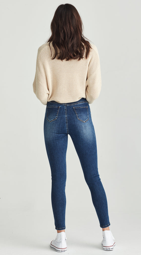 medium length stretch denim dark blue skinny jean