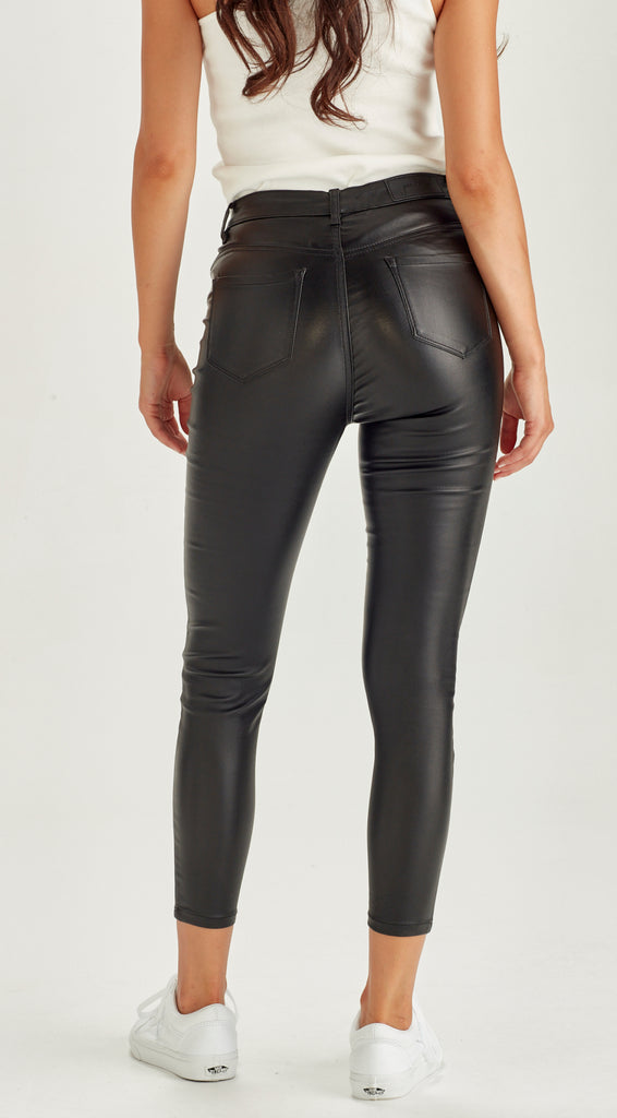 short length stretch fabric black shiny gloss jean