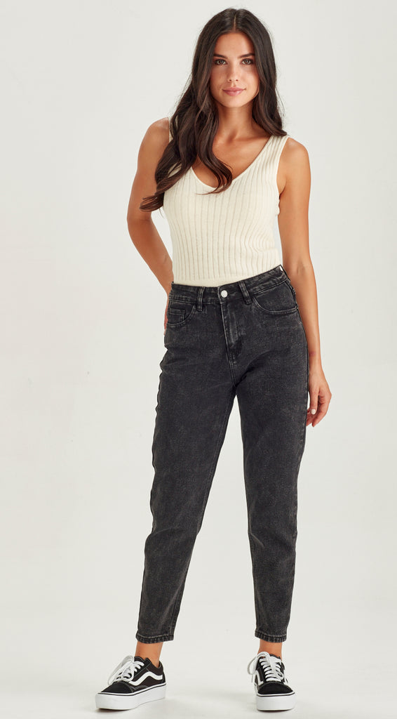 black stretch denim short length mom jean