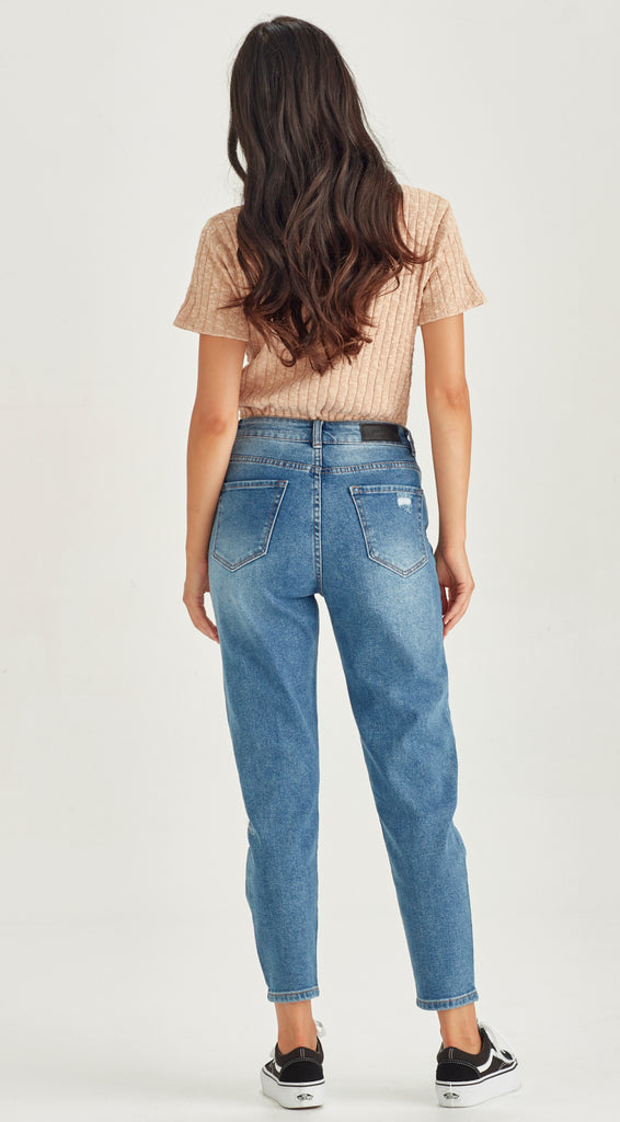 dark blue stretch denim short length mom jean