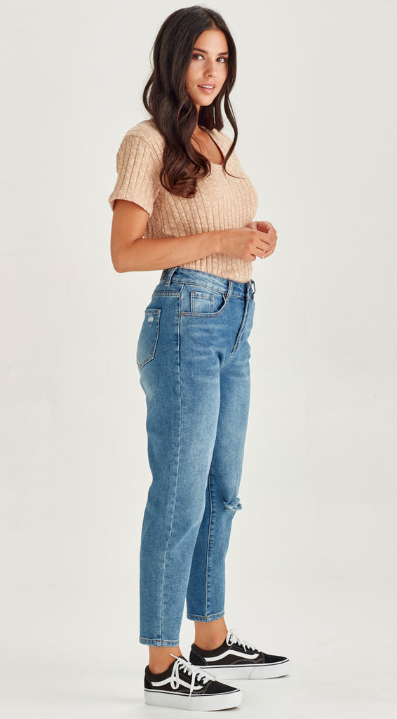 dark blue stretch denim short length mom jean