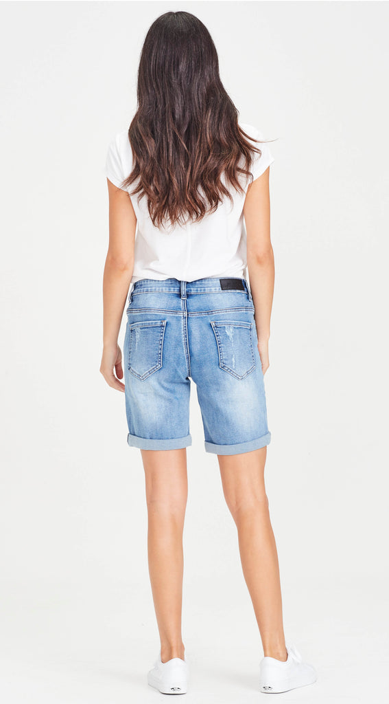 long ripped blue denim shorts
