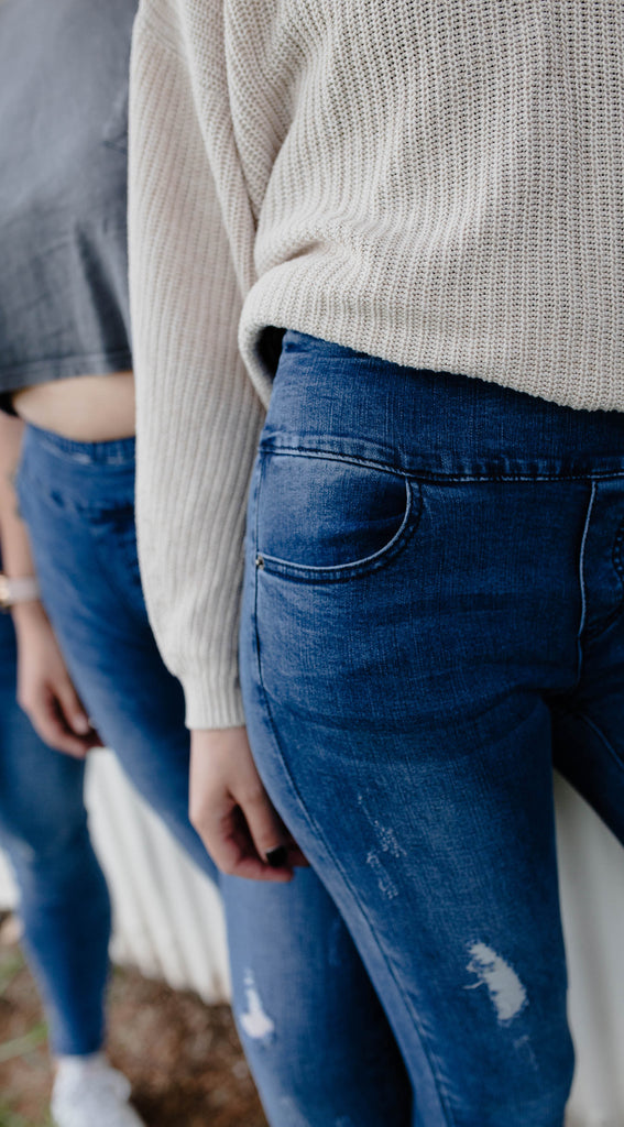 elastic waist stretch denim dark blue jean