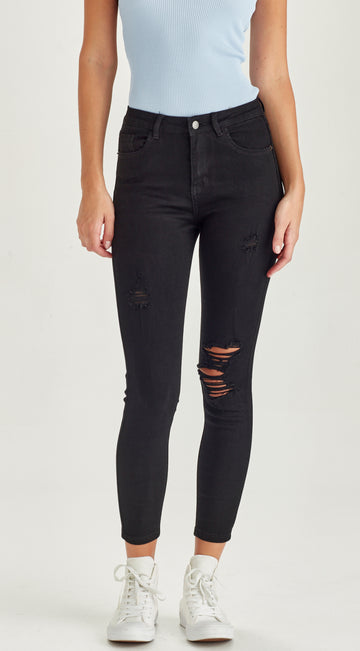 ripped skinny mid length black jean