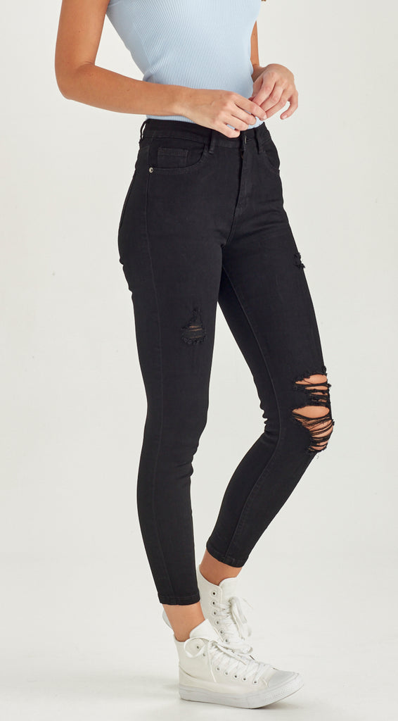 ripped skinny mid length black jean