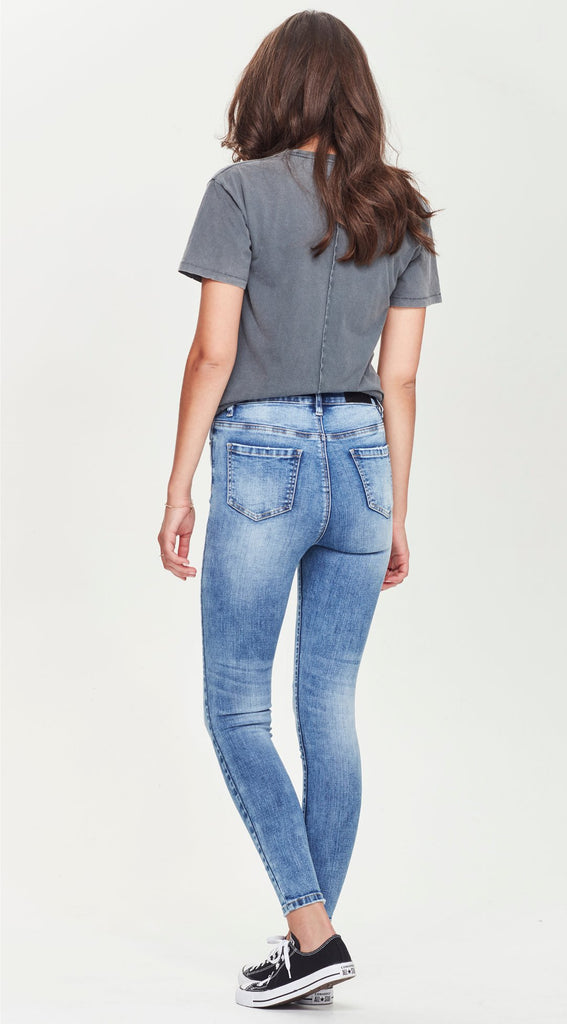 skinny mid length blue jean