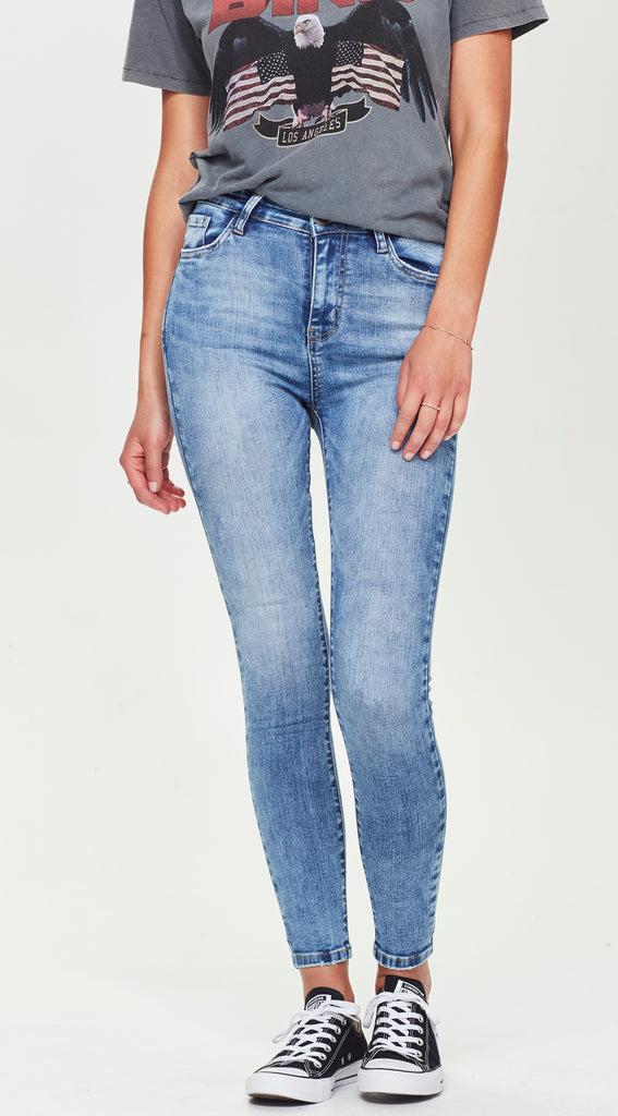 skinny mid length blue jean