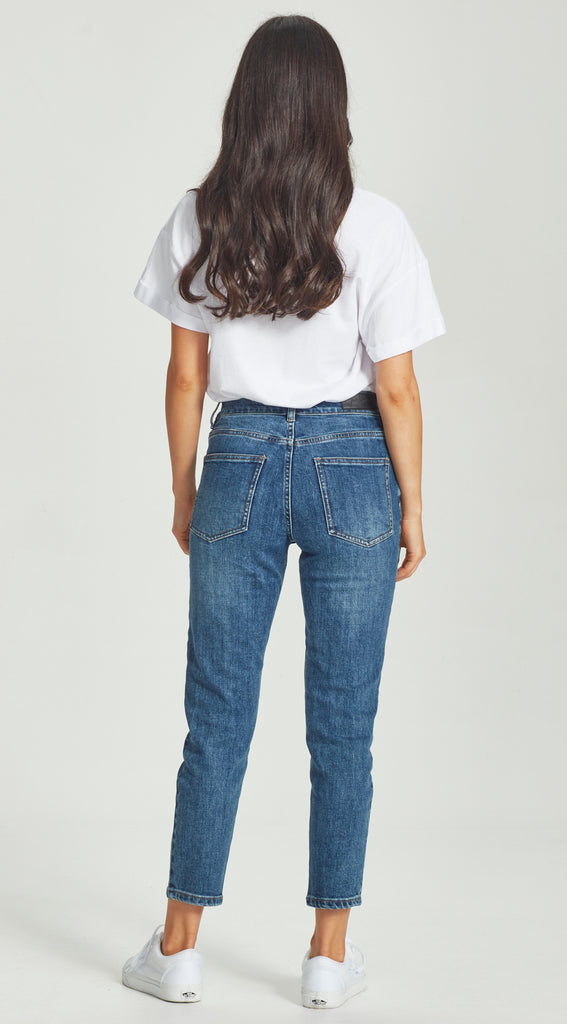 mid waisted straight leg short length dark blue jean
