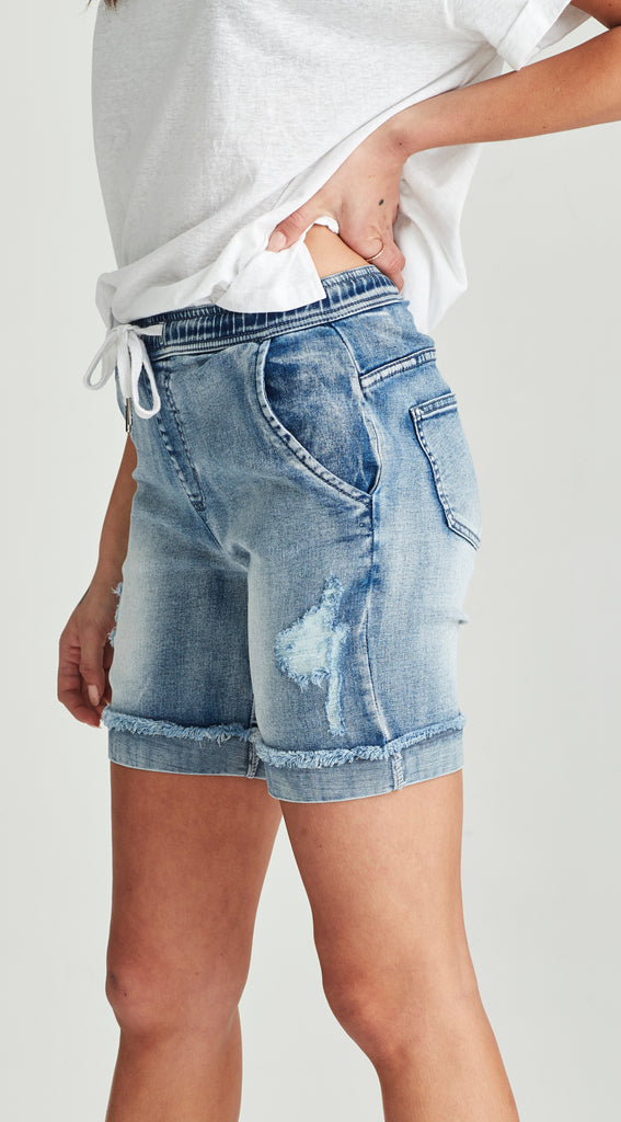 Long blue stretch denim short