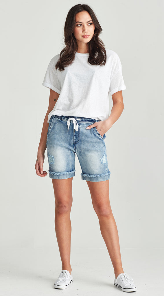 Long blue stretch denim short