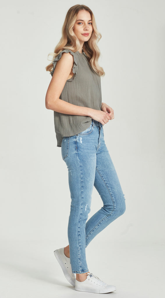 long length blue ripped boyfriend jean