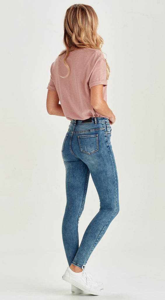 skinny ripped long length blue jean