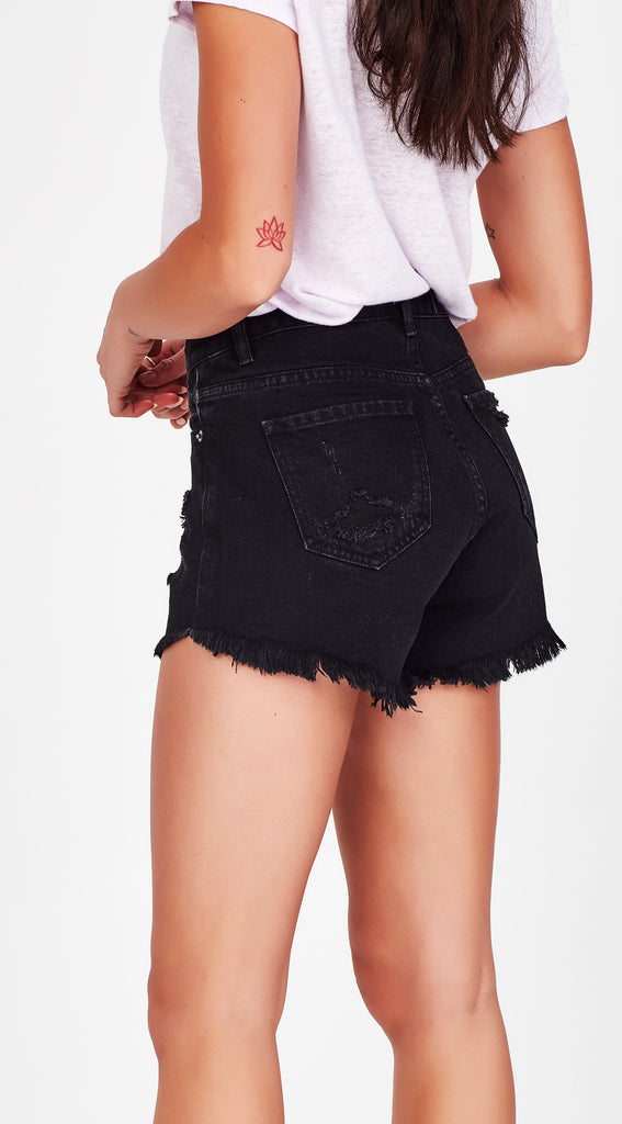 black ripped denim short