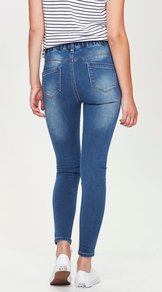 blue elastic waist skinny jean